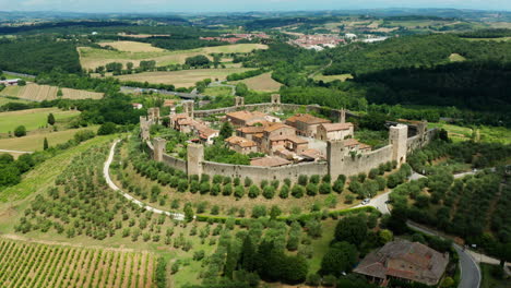 aerial pan around monteriggioni, tuscany region of italy