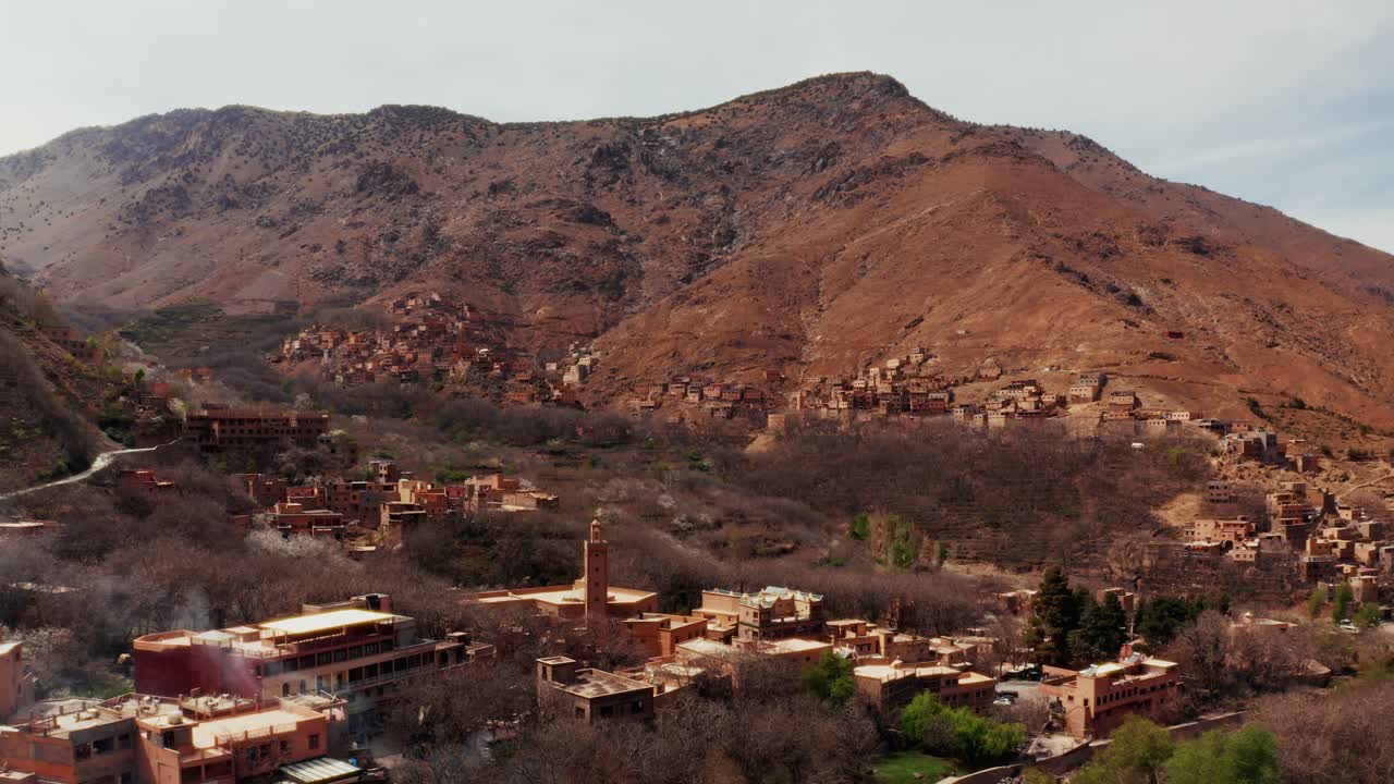 Aerial drone view of a remote rural Moroccan Villages located on the High Atlas Mountains in Morocco.