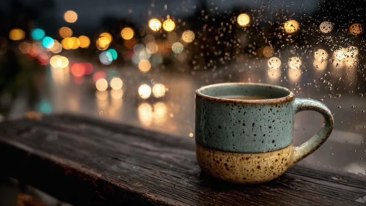Una serata accogliente con una tazza calda: catturare l'essenza del comfort mentre le gocce di pioggia danzano sulla finestra e le luci della città brillano sullo sfondo