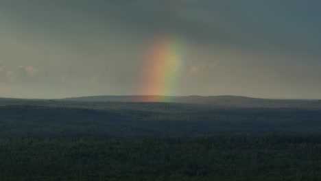 Toma-Aérea-única-Del-Arco-Iris-Que-Brilla-Sobre-El-Paisaje-Cubierto-De-Bosques