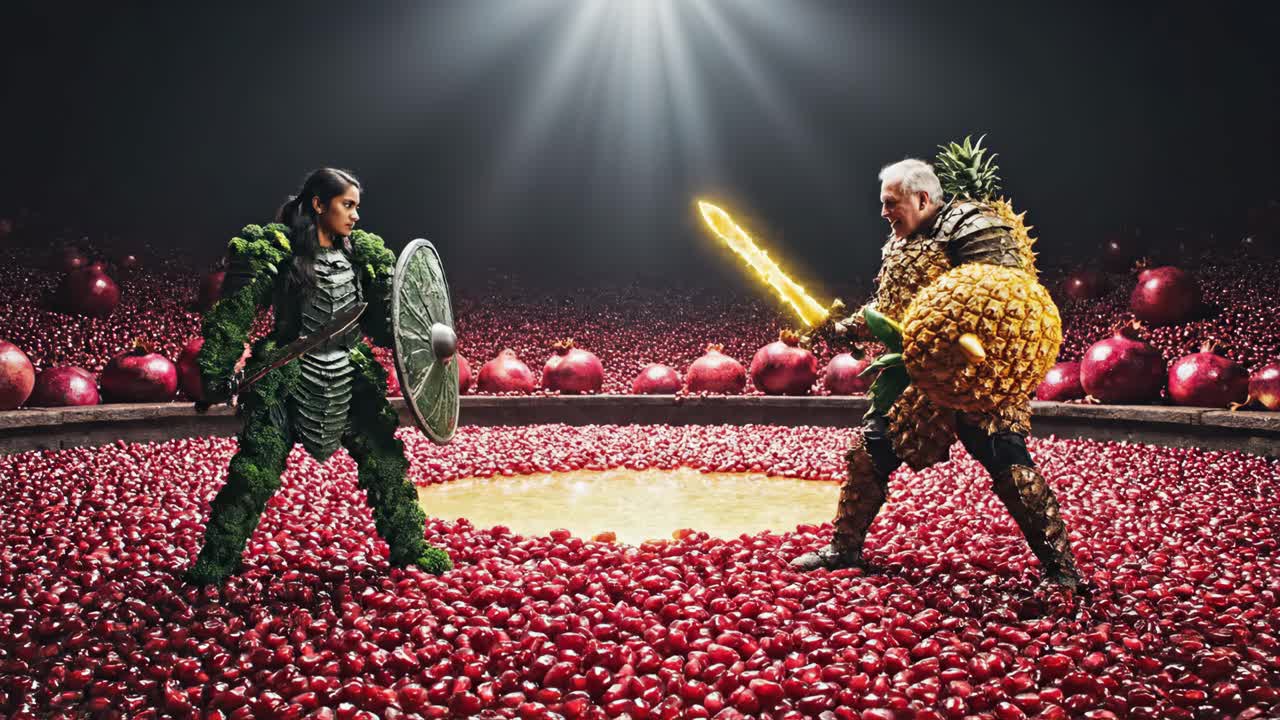 Kale and Pineapple Knights Battle in a Pomegranate Arena