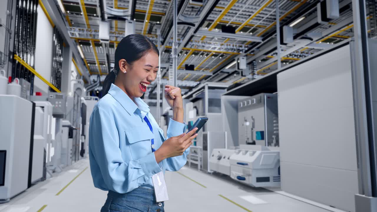 mujer celebrando el éxito en una fábrica moderna