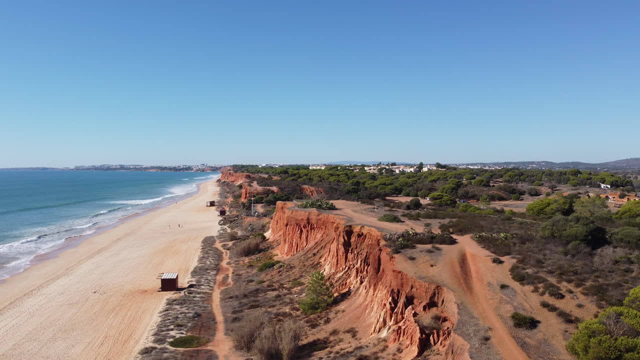 Aerial View of Stunning Algarve Coastline with Red Cliffs and Sandy Beach