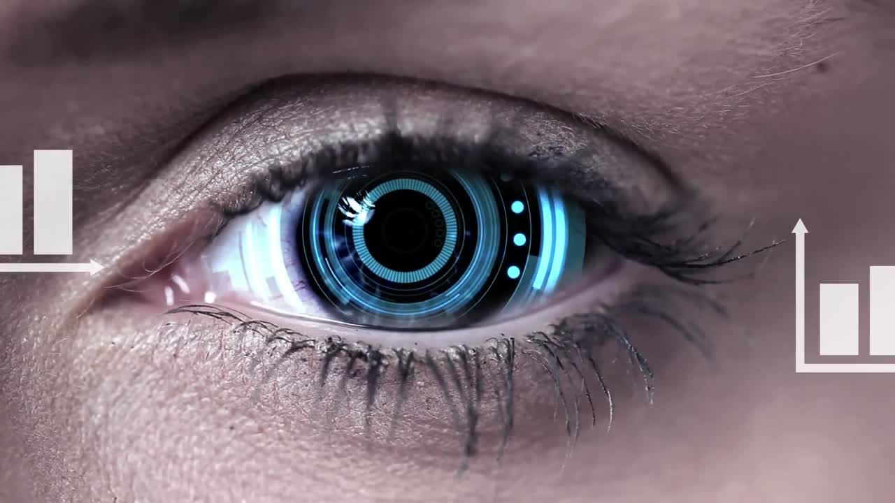 Animation of scope, statistics of data processing over woman's eye