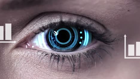 animation of scope, statistics of data processing over woman's eye