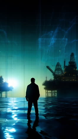 dusk silhouette by oil rigs