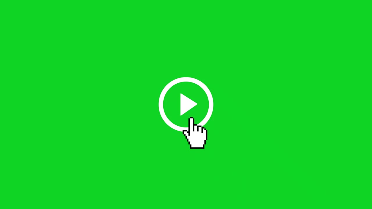 Pixelated Hand Cursor Clicking Play Button on Green Screen