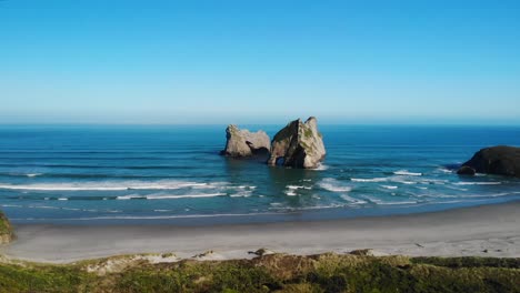 Beautiful-aerial-overview-of-Wharariki-Beach,-NZ