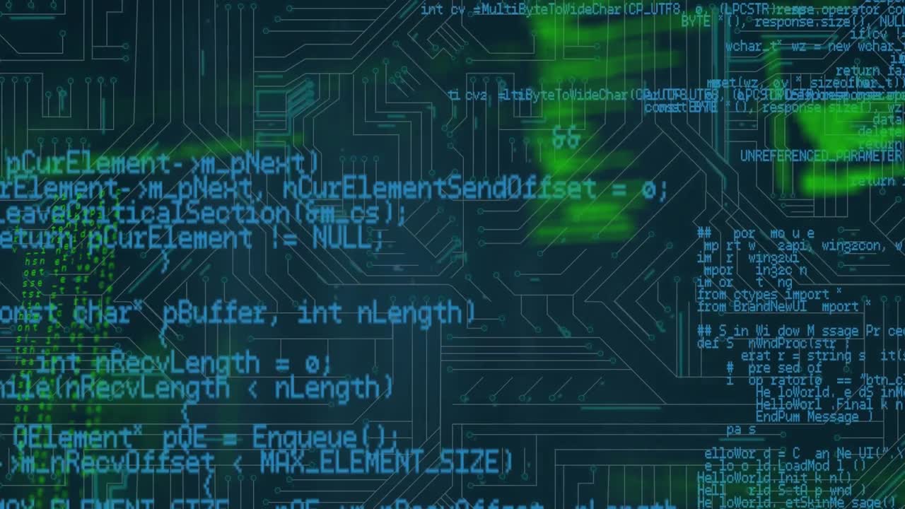 Digital animation of data processing against microprocessor connections on blue background