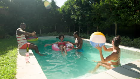 diverse friends enjoying pool party with beach ball and inflatable float, laughing together
