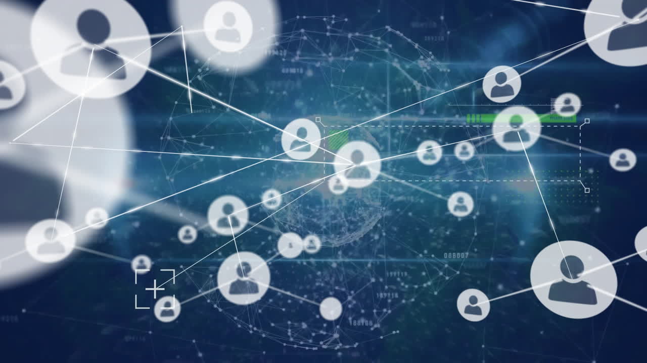 어두운 배경에서 데이터를 처리하는 사람들의 네트워크 아이콘의 애니메이션