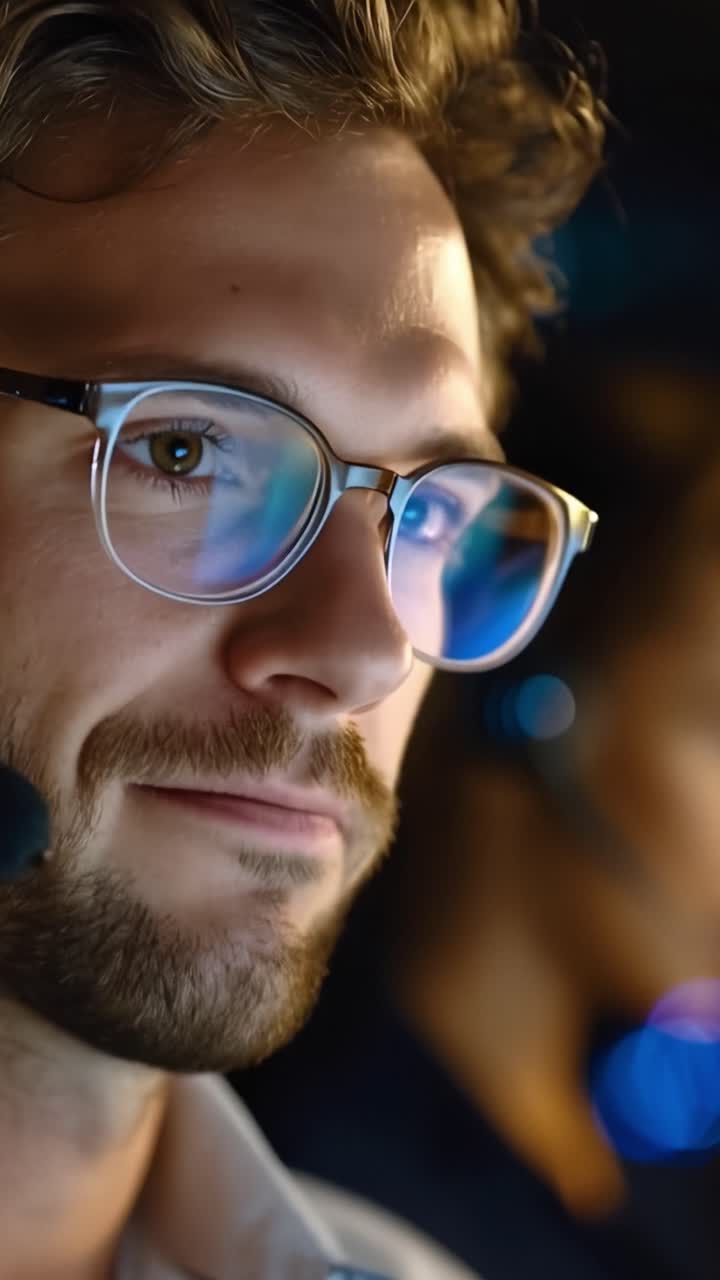 Giovane uomo con occhiali e barba concentrato sul lavoro. Una luce blu si riflette nei suoi occhiali. L'auricolare suggerisce una comunicazione professionale. L'espressione seria indica concentrazione.
