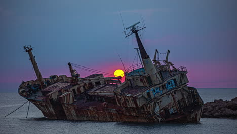 sunset beyond a shipwreck on the rocky shoreline of cyprus - time lapse