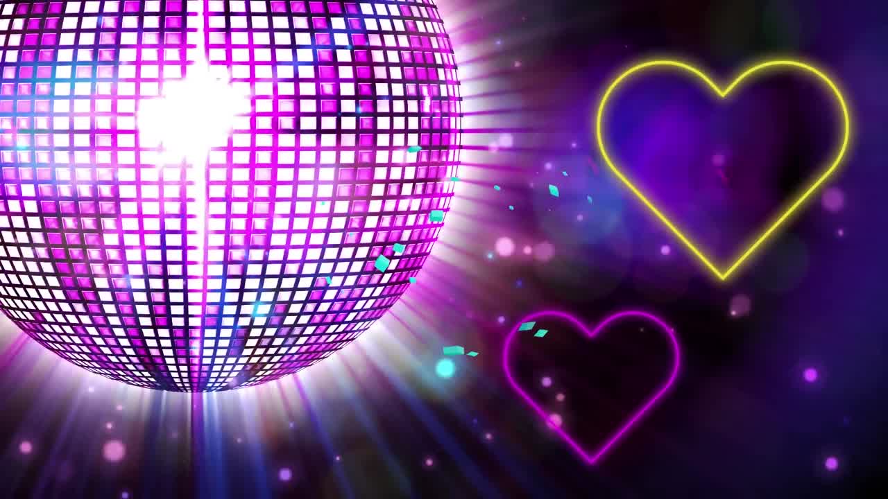 animación de una bola de discoteca iluminada que gira con formas de corazón en un fondo abstracto