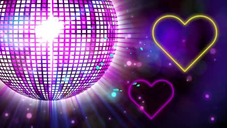 Animation-of-illuminated-disco-ball-rotating-with-heart-shapes-on-abstract-background