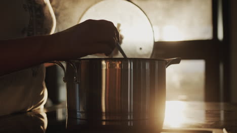 a woman cooks soup on an induction stove, stirs with a spoon. the setting sun shines through the window behind