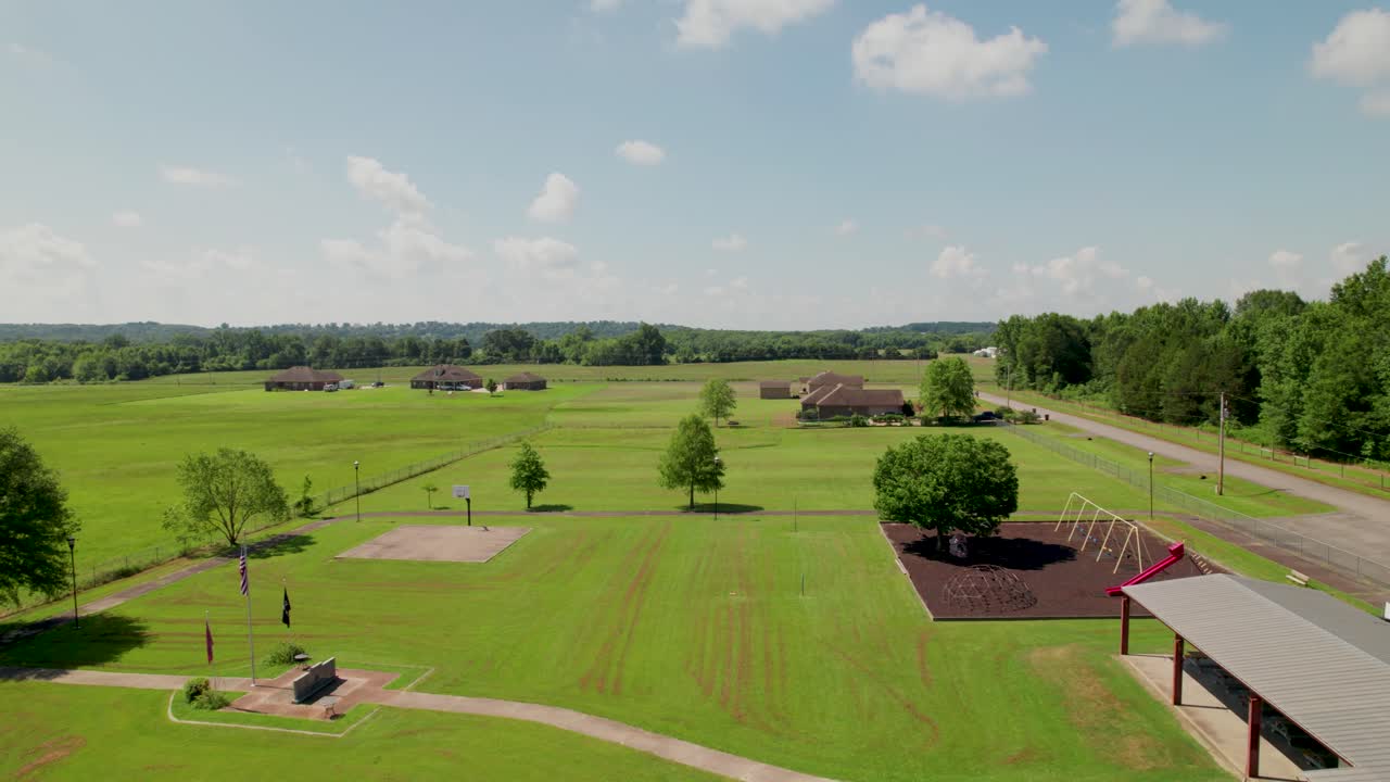 Aerial footage of Wooster City Park in Wooster Arkansas. Camera is heading approximately south passing over the park