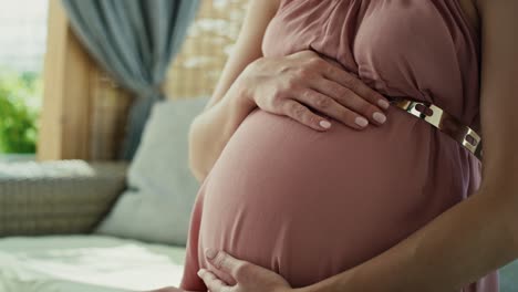 sección baja de una mujer embarazada con un vestido de elegancia.