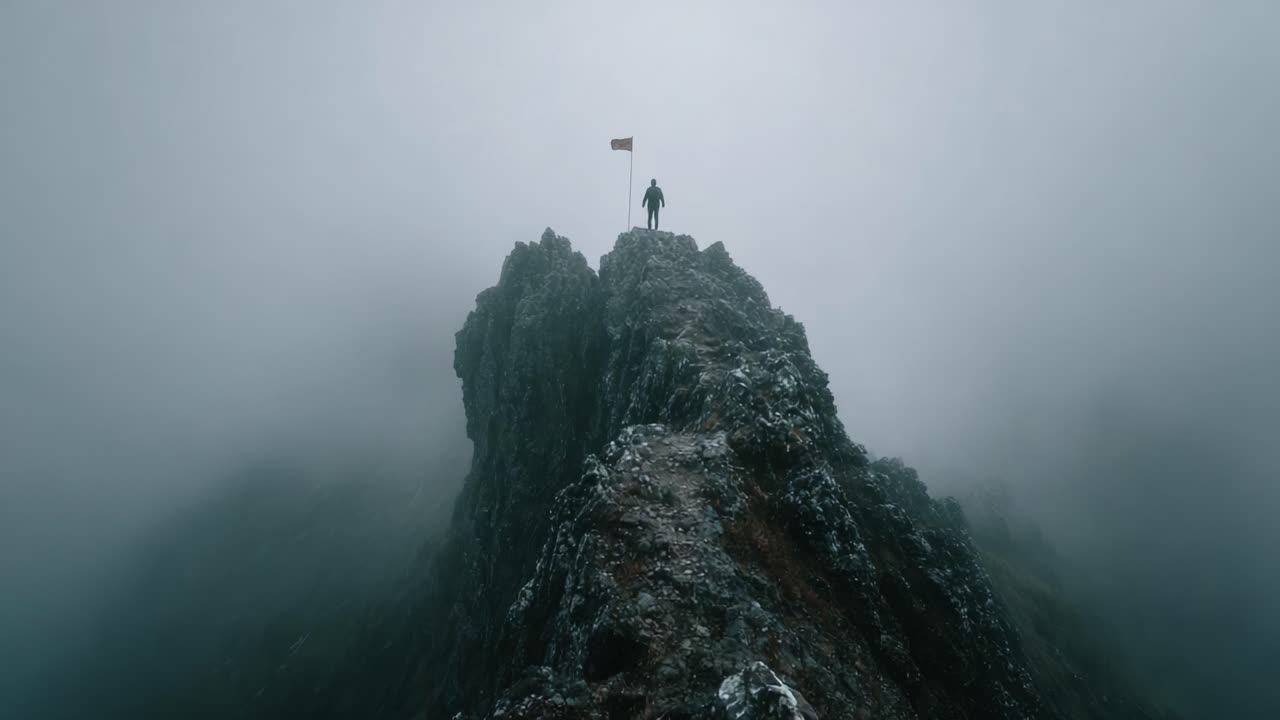 A solitary figure stands atop a rugged mountain peak, shrouded in mist, with a flag waving in the wind, symbolizing resilience and adventure amid the foggy wilderness