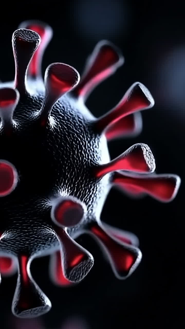 Microscopic virus with red spikes. Close-up of a virus with red spikes, showcasing intricate details and textures in its structure at night.