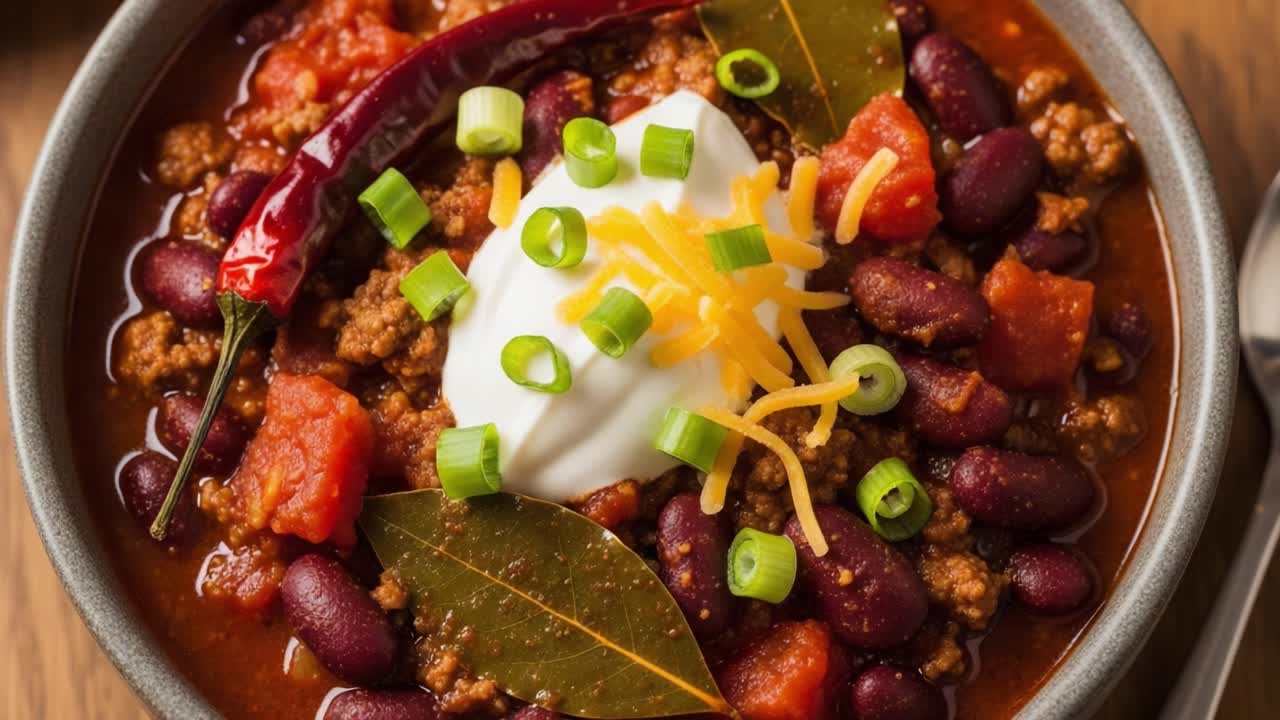 Delicious and Hearty Chili Bowl with Kidney Beans, Ground Meat, Spices, Topped with Sour Cream, Shredded Cheese, and Green Onions in a Cozy Setting
