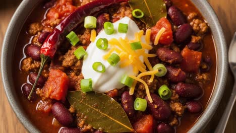 delicious and hearty chili bowl with kidney beans, ground meat, spices, topped with sour cream, shredded cheese, and green onions in a cozy setting