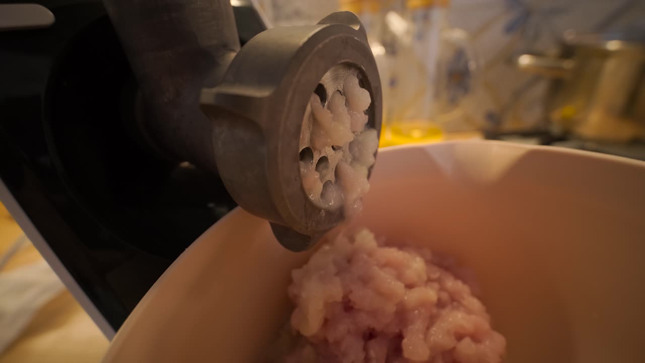 Gros plan d'un hachoir à viande produisant de la viande hachée dans une cuisine