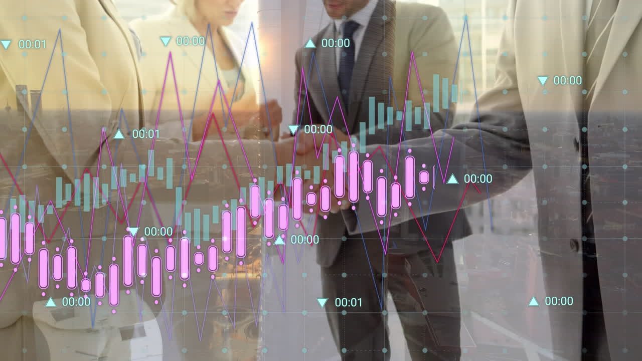 animación del procesamiento de datos financieros en diversos empresarios y paisajes urbanos