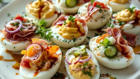 deviled eggs are garnished with various toppings, including bacon, red onions, and herbs, creating a visually appealing and flavorful appetizer