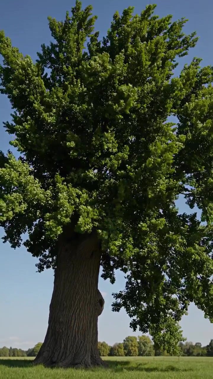 Foglie verdi di un grande albero che ondeggiano con una brezza leggera contro il cielo blu