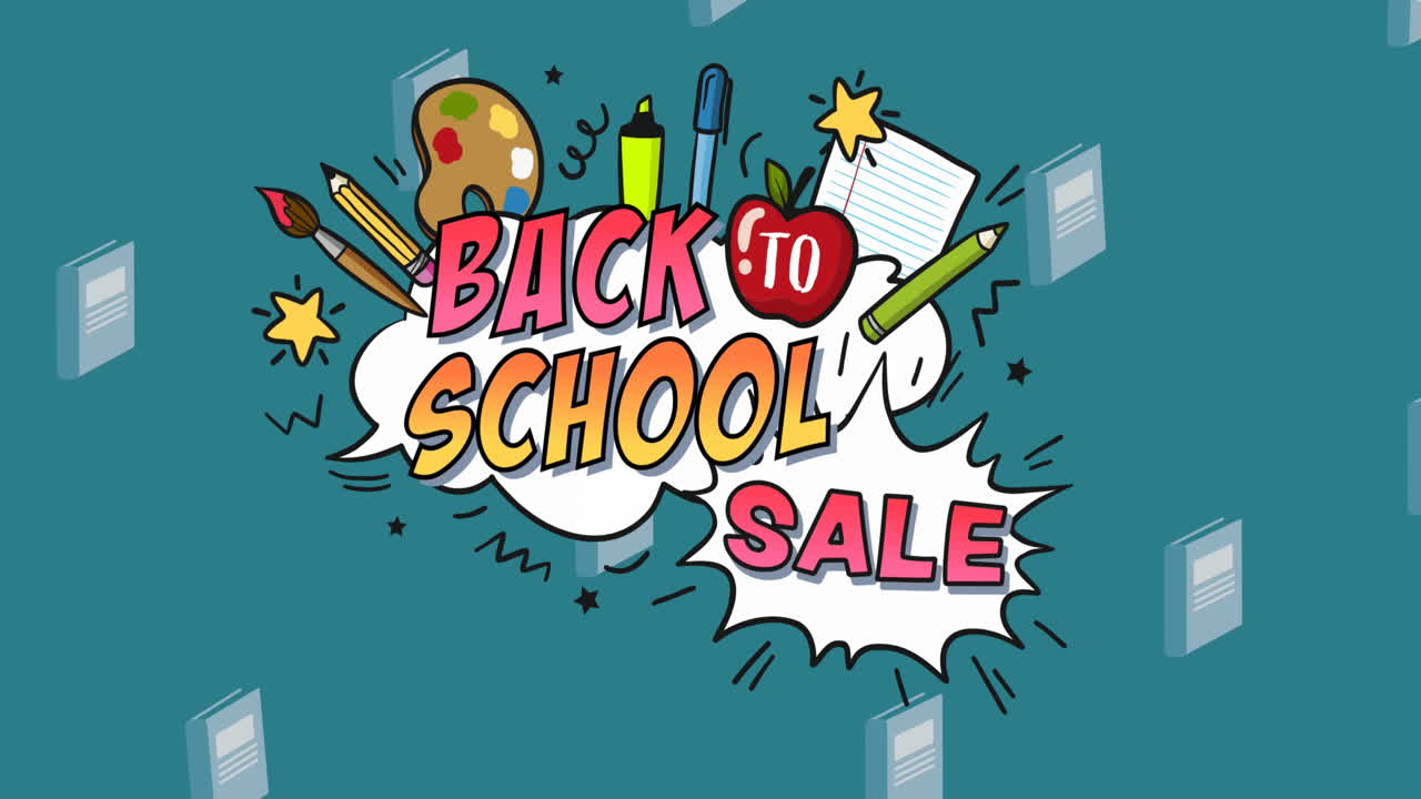 초록색 배경에 있는 학교 물건 아이콘 위에 있는 학교 판매 텍스트의 애니메이션