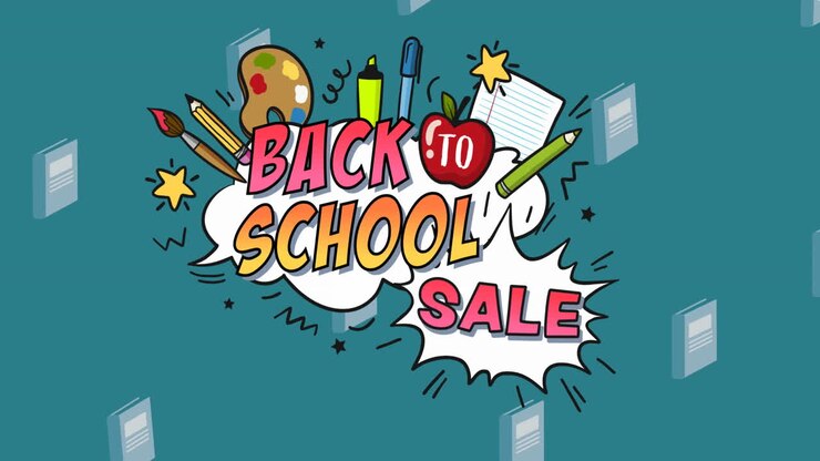 Animation of back to school sale text over school items icons on green background
