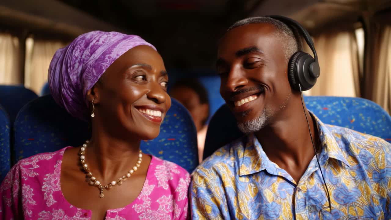 A Heartfelt Journey: Two Joyful Travelers Share a Moment of Connection and Laughter on a Bus, Capturing the Beauty of Companionship and Individual Stories Enriching Their Life Experience