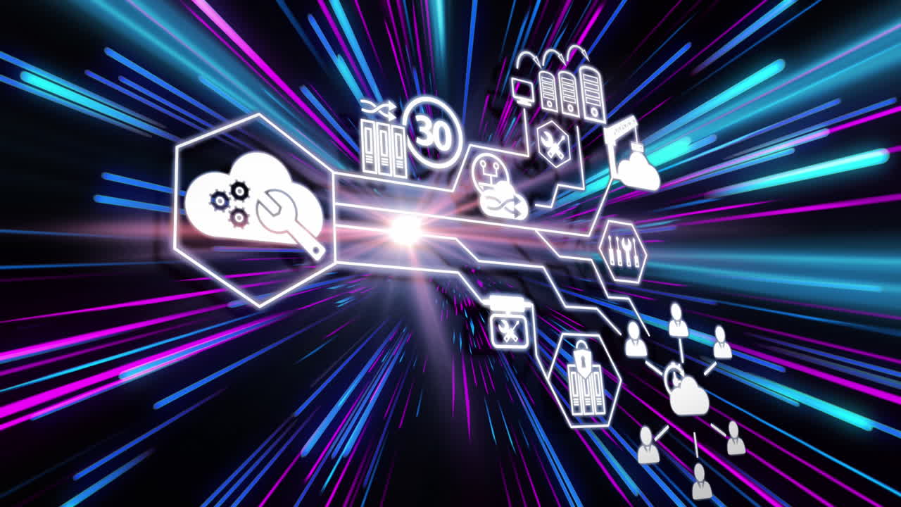 animación de la red de iconos y procesamiento de datos sobre rastros de luz de transferencia de datos