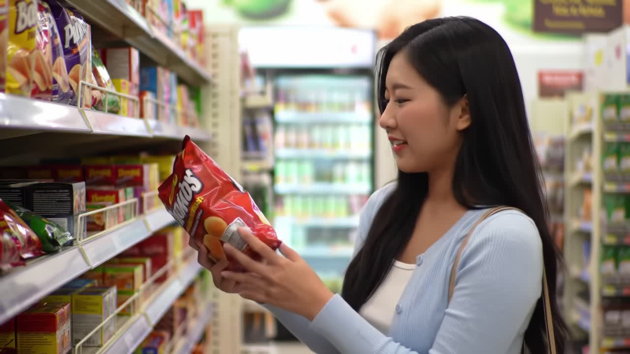 A Young Woman Shopping in the Snack Aisle of a Grocery Store, Examining a Bag of Chips with a Thoughtful Expression on Her Face