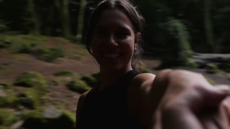 pov shot of happy latin woman in love, spinning around holding hand