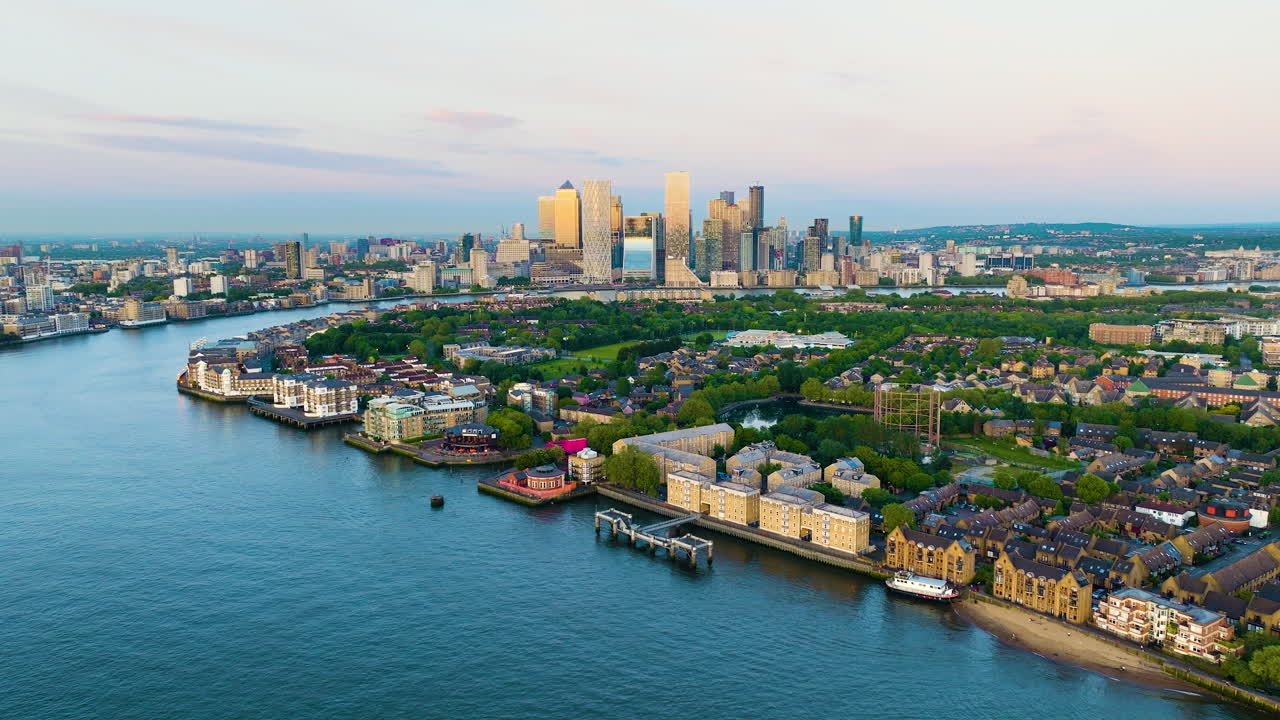 Aerial View of London Docklands at Sunset
