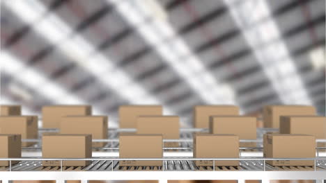 animación de cajas de cartón en cintas transportadoras en el almacén