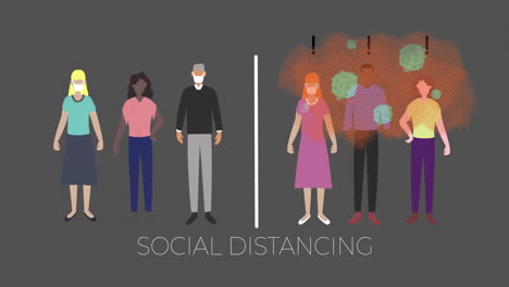 digital animation depicts social distancing and covid-19 impact with vanishing person.