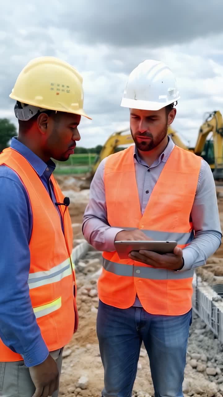 Two men in orange vests are looking at a tablet. One of them is wearing a helmet in building site.