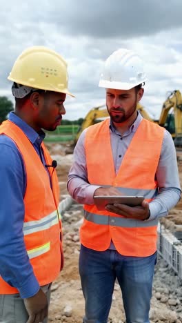 two men in orange vests are looking at a tablet. one of them is wearing a helmet in building site.