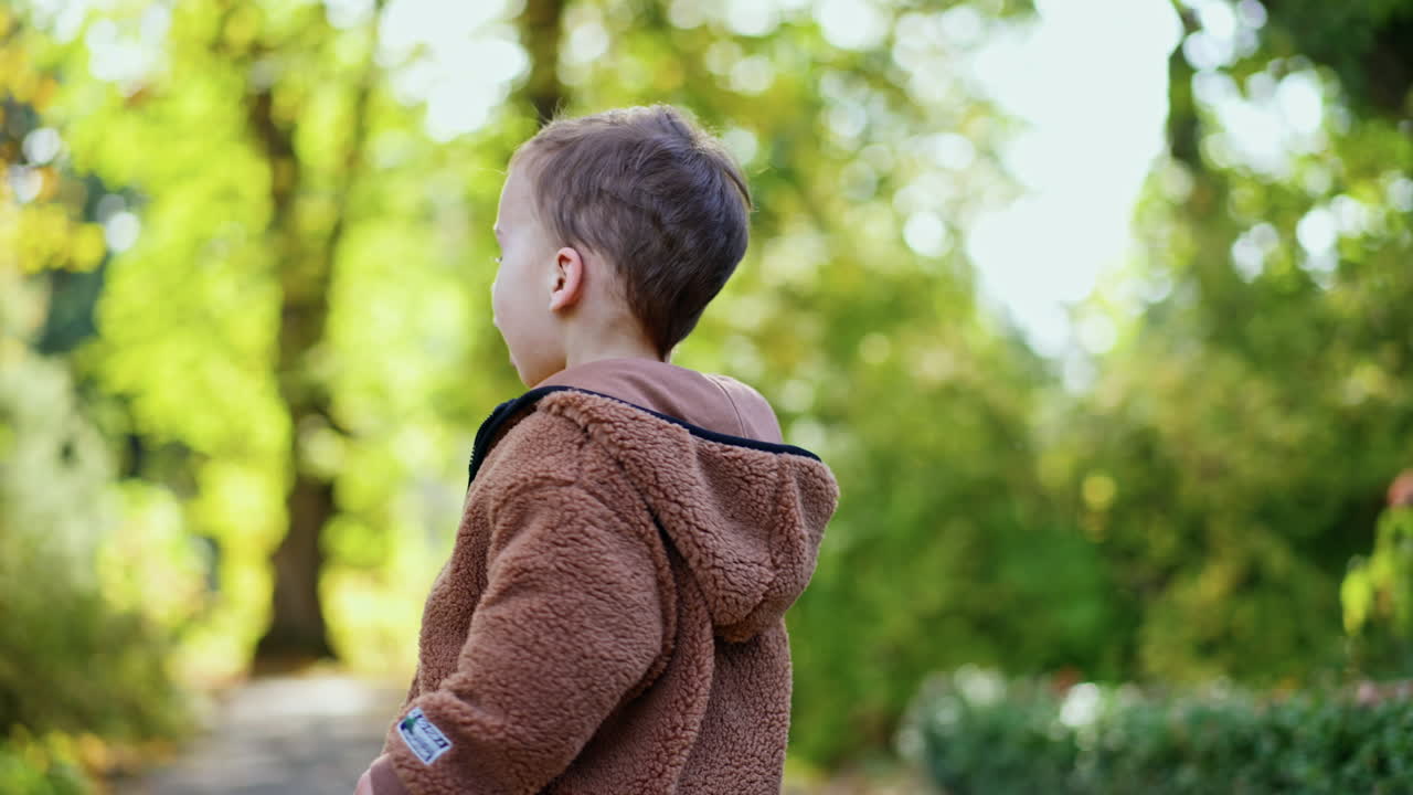 Adorable baby boy wearing brown jacket walks in the nature. Kid bends and touches green leaves. Blurred nature at backdrop.