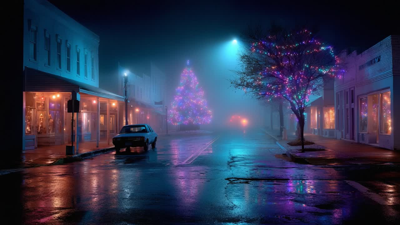 Elegante scena notturna con un albero di Natale decorato con luci colorate in un contesto urbano e nebbioso, che cattura la magia delle feste