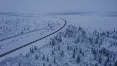 drone following the road between inari and saariselkä, foggy winter day in lapland, finland