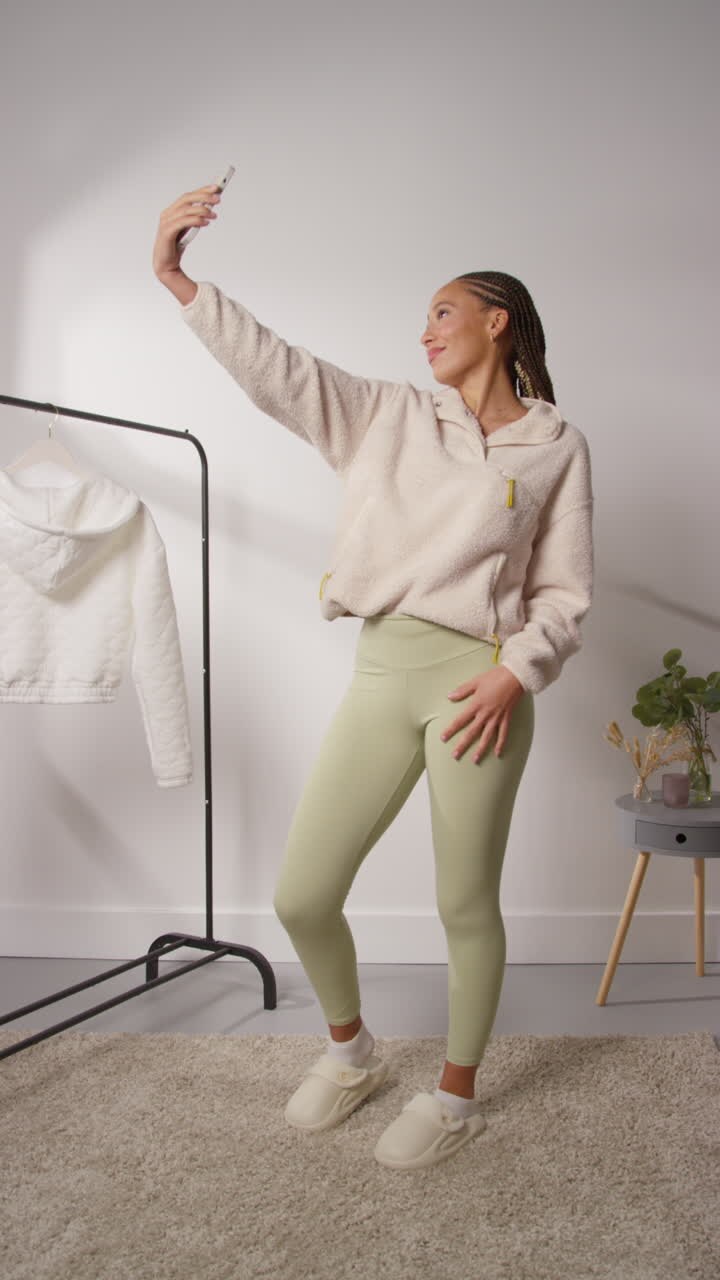 Vertical POV Video Of Female Social Media Influencer Posing For Selfie Producing User Generated Content In Studio Modelling A Variety Of Fashion Outfits Shot In Real Time 2