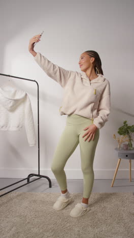 vídeo vertical de pov de una influyente femenina de las redes sociales posando para selfies produciendo contenido generado por el usuario en el estudio modelando una variedad de trajes de moda filmados en tiempo real 2