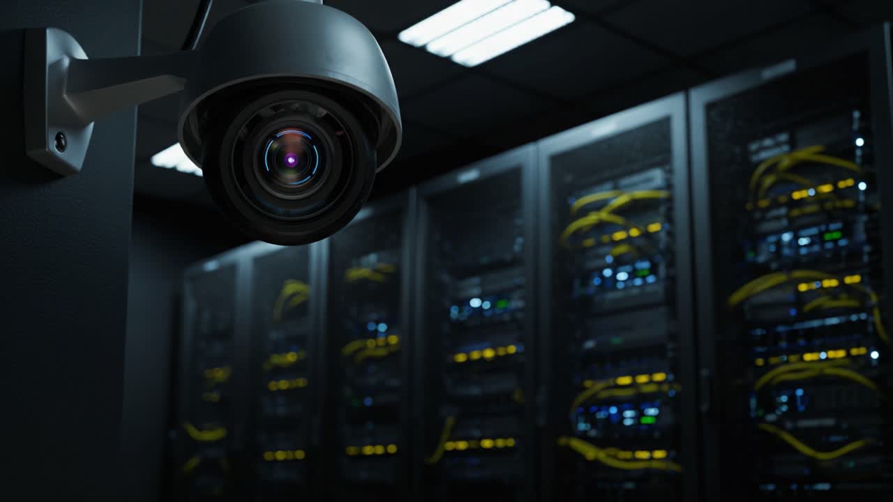 Surveillance Camera Monitors Server Room with Illuminated Hardware and Network Cables, Capturing Critical Digital Infrastructure Activities