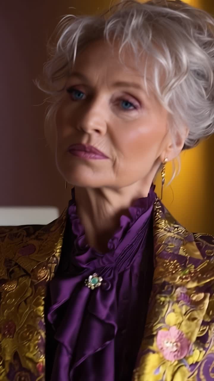 Un ritratto glamour di una donna matura elegante in uno splendido abbigliamento vintage, con un completo riccamente decorato e un trucco sorprendente, catturato in due istantanee di bellezza.
