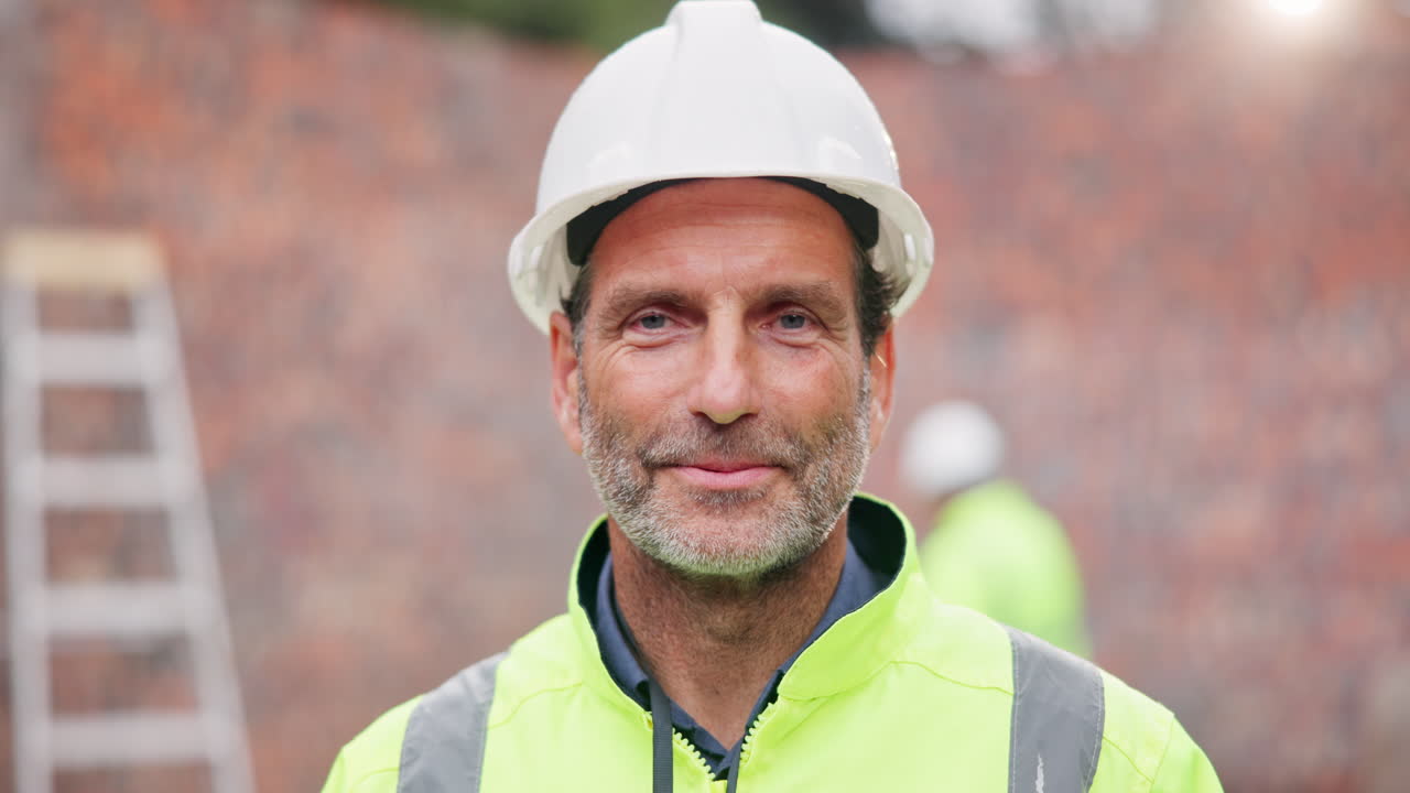 Construction worker smiling on construction site