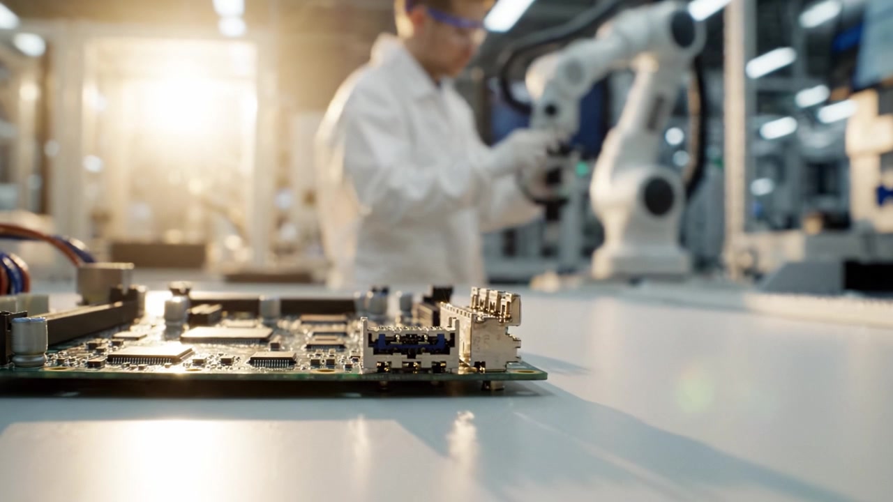 A technician in a laboratory setting works meticulously on a circuit board, focusing on electronic components, highlighting the integration of automation and technology.